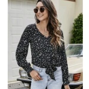 Shein Floral Tie Front Blouse Black Cropped
